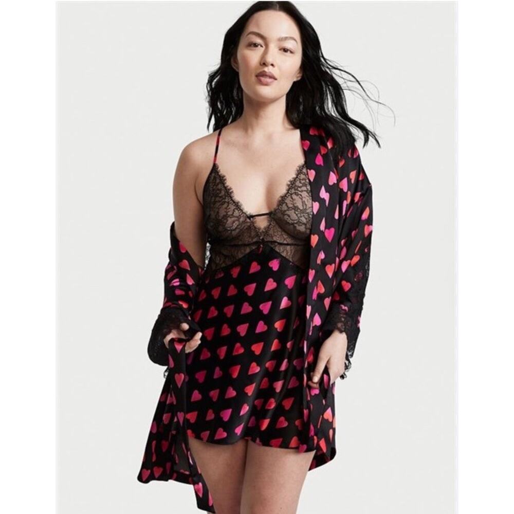 Victoria’s Secret Chemise Black Lace Trim Pink Hearts Babydoll Xs Valentines Day